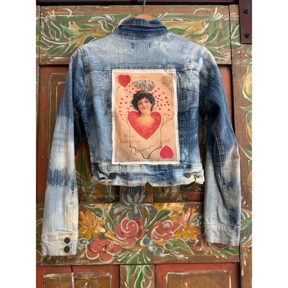 One-of-One Angel & Queen of Hearts Patch Cropped Denim Jacket Size Small - Picture 5 of 7